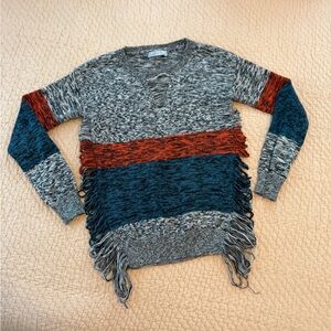One Grey Day 100% Wool Grey, Blue, Orange, Fringed Women's Sweater, Small